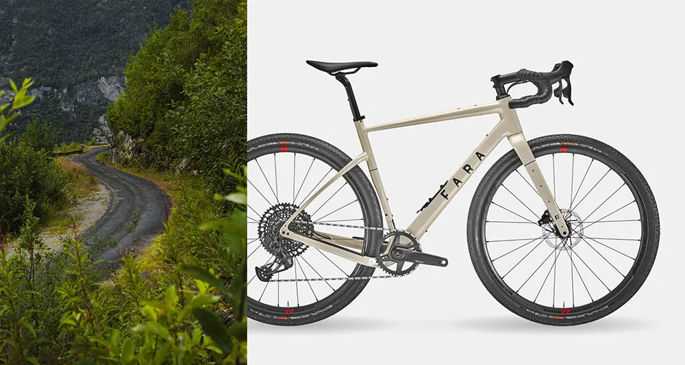 Fara All-round performance road bike beside a rugged mountain forest trail